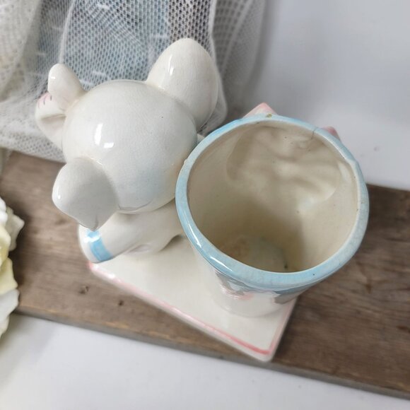 Vintage Baby Elephant Planter Vase Blue & Pink Trunk up - Picture 9 of 9